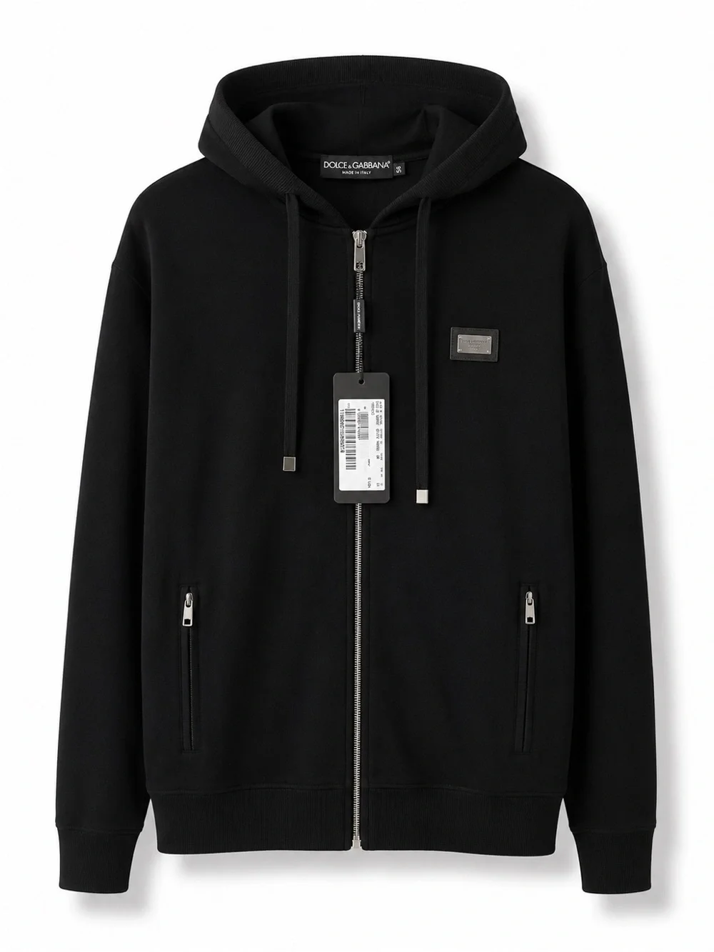 Dolce & Gabbana black zip-up hoodie with the metal logo plaque
